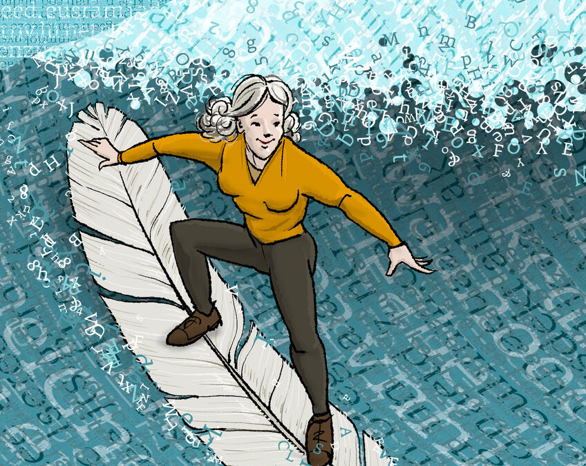 Vrouw surfend op een ganzenveerpen op een zee van letters